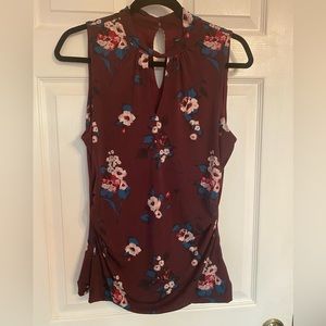 White House black market ruched top- maroon floral print, M